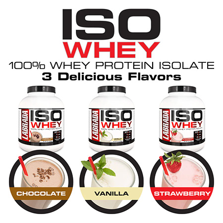 Labrada Iso Whey có 3 mùi Chocolate, Vanilla và Strawberry